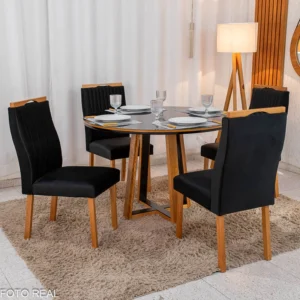 Mesa de Jantar Atlanta Redonda 120cm Vidro Preto/Base Madeira - Minas Plac + 4 Cad. Genova Veludo Preto 504 Madeira Art Assentos