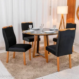 Mesa de Jantar Atlanta Redonda 120cm Vidro Preto/Base Madeira Minas Plac + 4 Cad. Lisboa Veludo Preto 504 Madeira Art Assentos