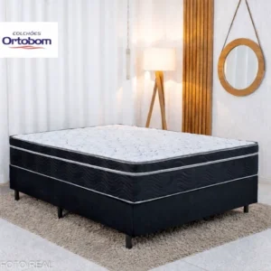 Colchão Casal Airtech 150 Ortopillow Ortopédico EPS Ortobom + Box Casal Sued Preto Nosso Sonho - 138x188x65 | Suporta até 240kg