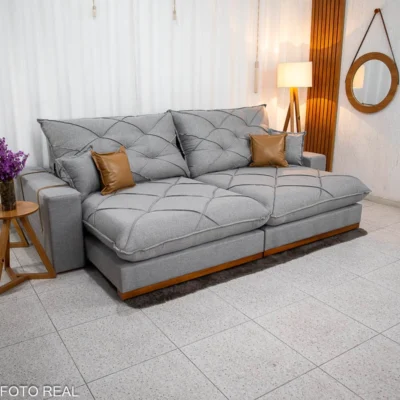Sofá Retrátil Reclinável Malibu 2.90m Linho Cinza 1008 - D33 e Molas Ensacadas