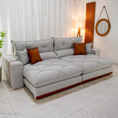 Sofá Retrátil Reclinável Gran Bello 2.90m Linho Cinza 31 - Molas Ensacadas