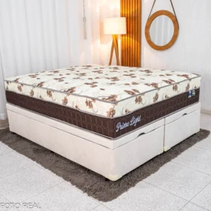 Box Baú Queen Prime Confort Korino Linho Palha Blindado - Issacar + Colchão Queen Prime Light Marrom 158x198x75 Molas Ensacadas Orthoprime