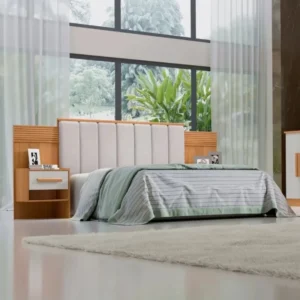 Cabeceira Casal Íris Cinamomo/Off Larg. 1.40m Acolchoada Linho Bege e Detalhe Ripado - D Doro