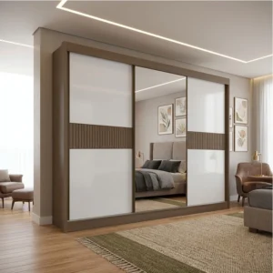 Roupeiro Casal Los Angeles Castanho/Off 3 Portas 6 Gavetas C/ 1 Espelho Detalhe Ripado Portas Flex 100% MDF Larg. 2.73m - D Doro
